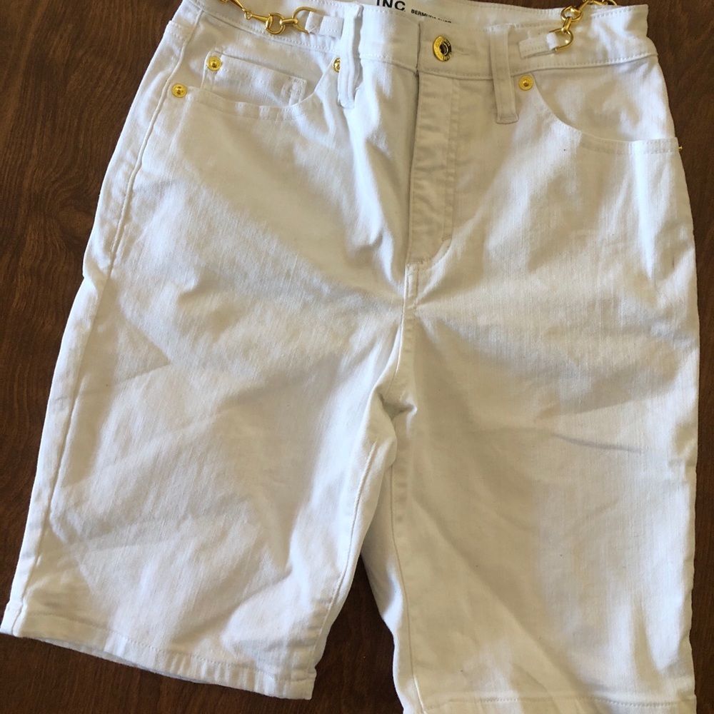 INC International Concepts Women's White Bermuda Shorts with Gold Accents